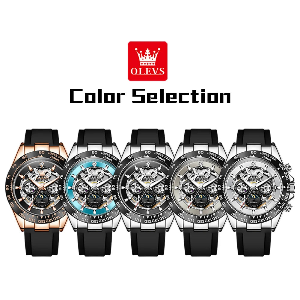 OLEVS 6713 Men Mechanical Watch Hollow Dial Tourbillon Fashionable Business Sport Waterproof Date Moon Silicone Strap