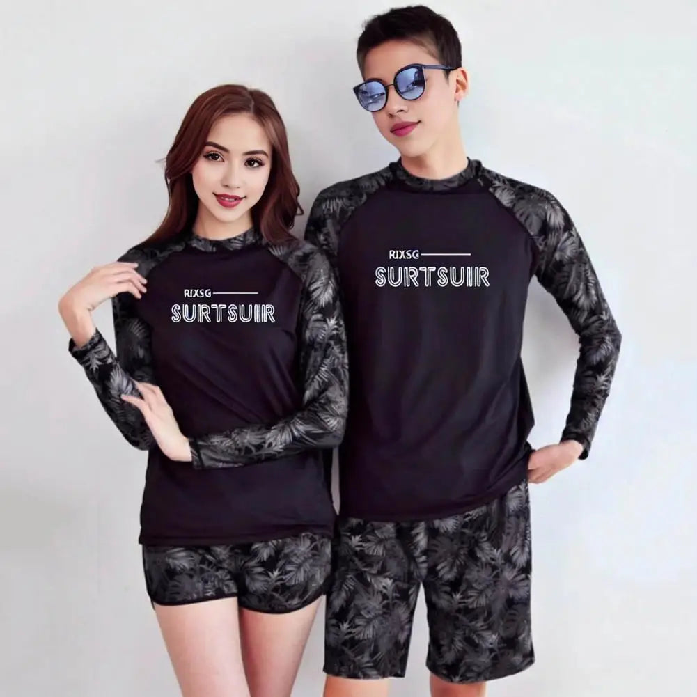 2 Pcs Couple Sport Swimsuit Breathable Leaf Print Long Sleeves Couple Surfing Clothes Diving Bathing Suit Water Sport Swimwear