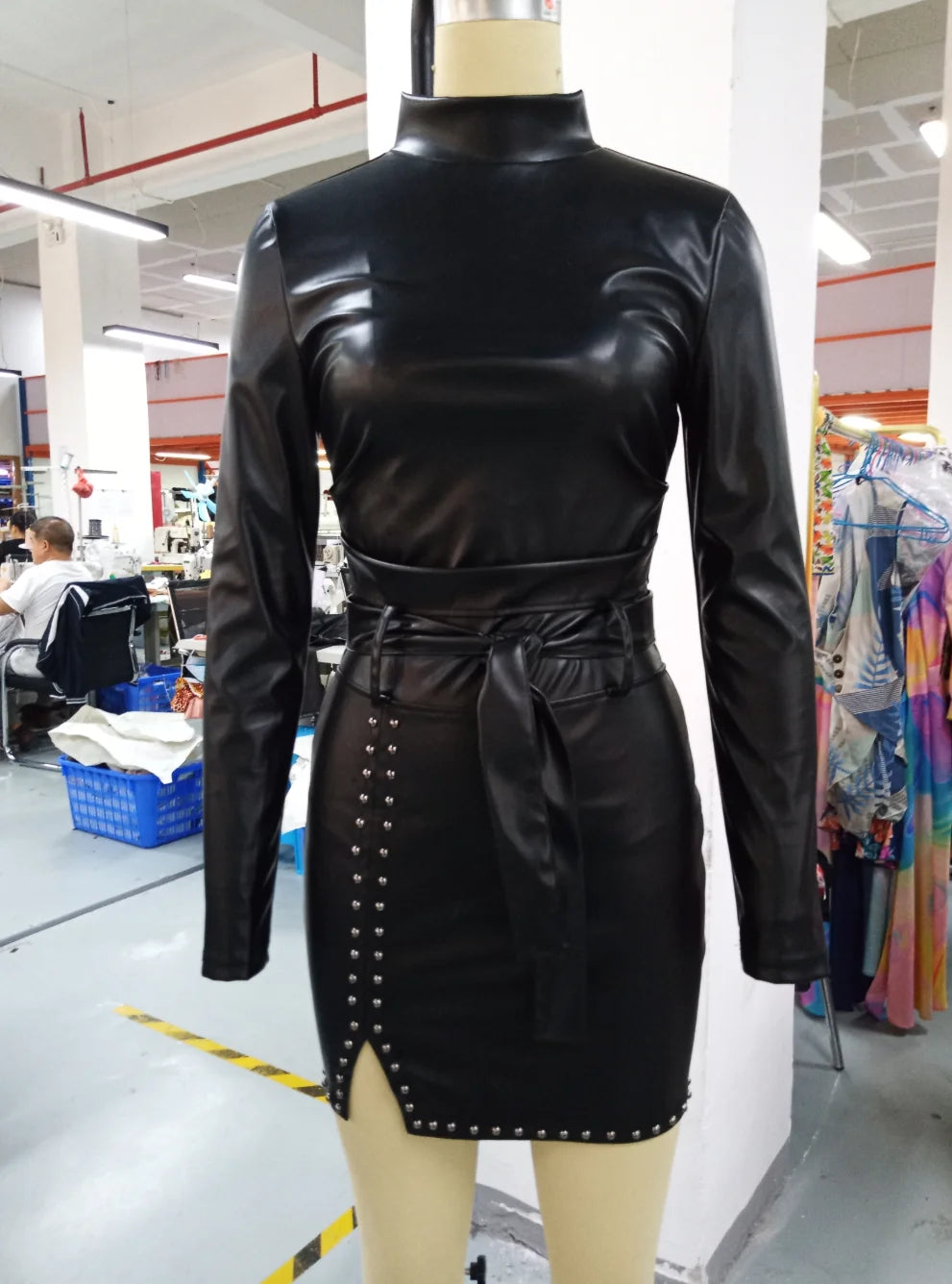 Y2K Spring Black Bodycon dresses for women Solid Pu Leather Long Sleeves Turtleneck Rhinestone Small Silt Skinny Mini skirt