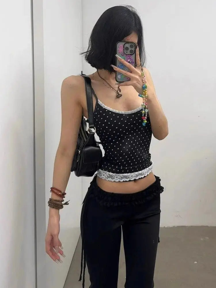 Yedinas Dot Patchwork Lace Halter Tops Sleeveless Tshitrs Tank Tops Summer Camisole Women Clothes Sexy Streetwear Y2k Chic