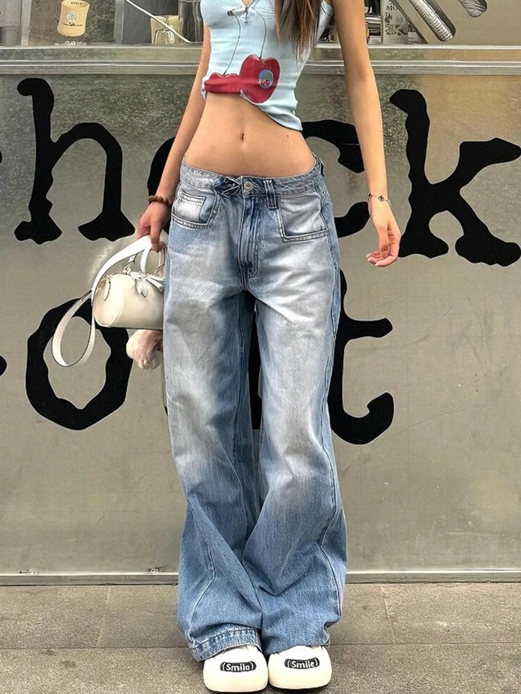 Women American Vintage Y2k Japanese Harajuku Streetwear Baggy Low Rise Denim Pants Long Trousers 2000s Aesthetic Jean Kpop Punk