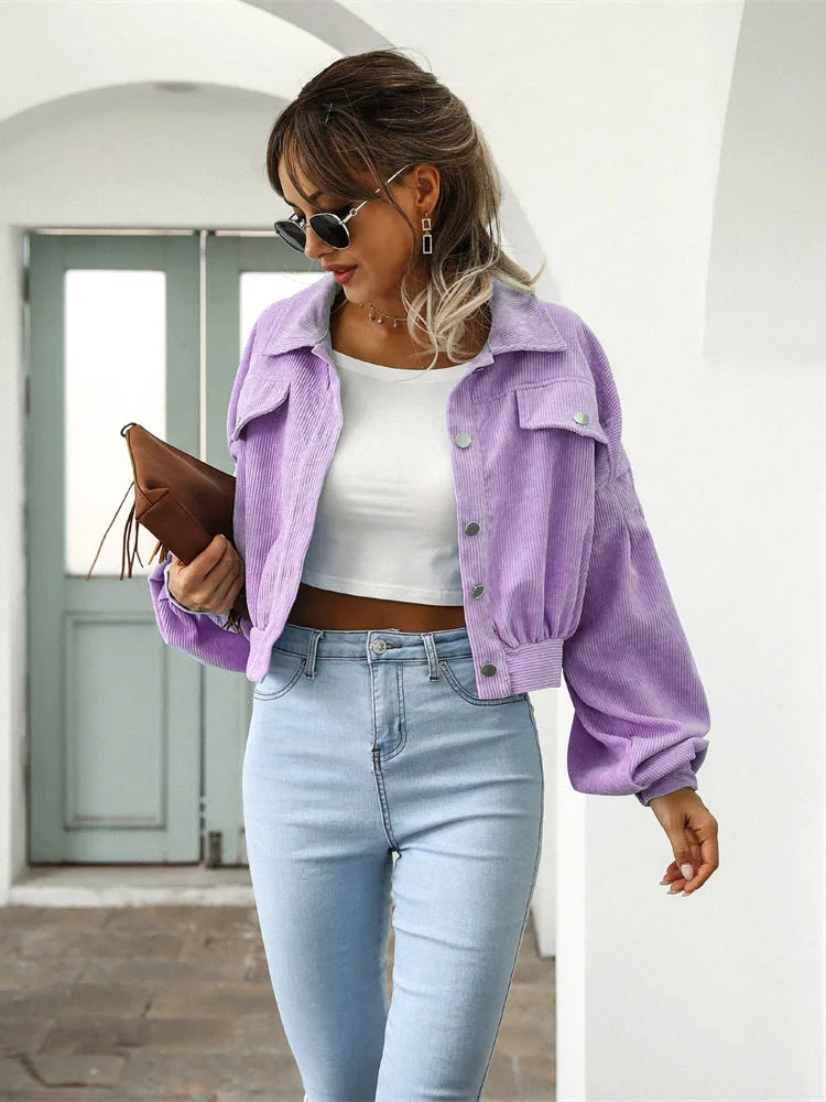 2023 Corduroy Short Jacket Women Loose Tops Spring Autumn Turndown Collar Lantern Sleeve Casual Coat Lady Streetwear Outerwear