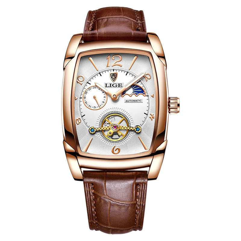LIGE Fashion Mens Watches Top Brand Luxury Leather Military Waterproof Mechanical Wristwatch Casual Sports Tourbillon Watch Men