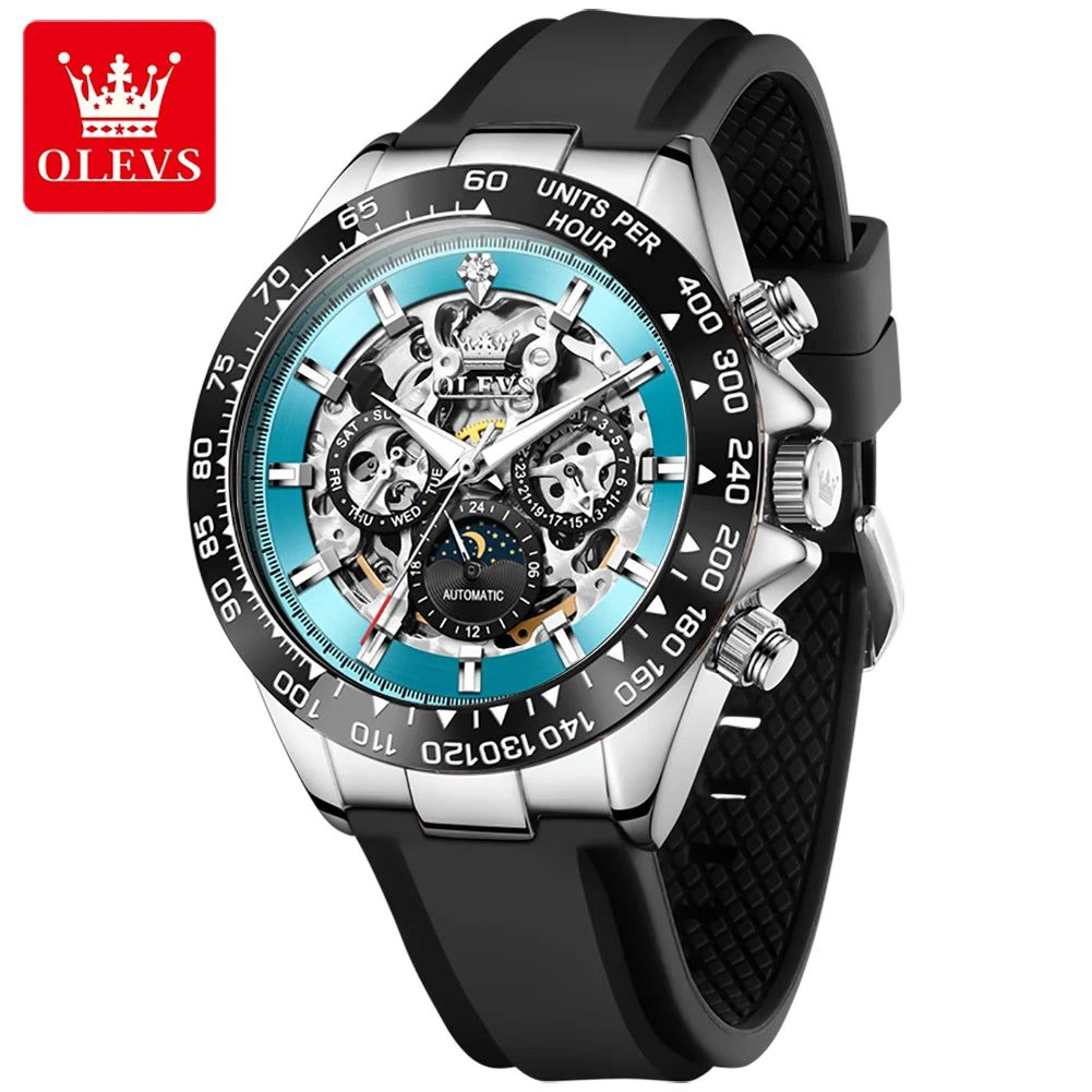 OLEVS 6713 Men Mechanical Watch Hollow Dial Tourbillon Fashionable Business Sport Waterproof Date Moon Silicone Strap