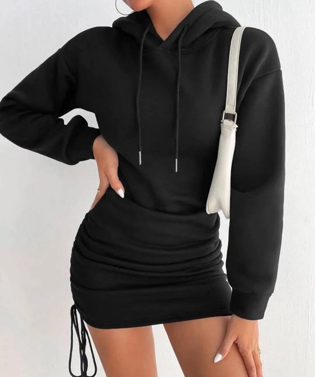 Woman's Sexy Basic Solid Color Dress Autumn Fashion Grey Long Sleeves Hooded Tie Dresses Ladies Slim Package Hip Mini Dress