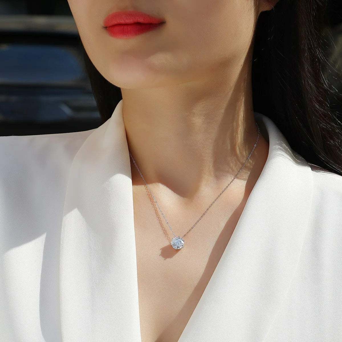 White Gold Plated 1CT Moissanite Women's Necklace Classic Four-Prong Pendant Wedding Jewelry 925 Sterling Silver