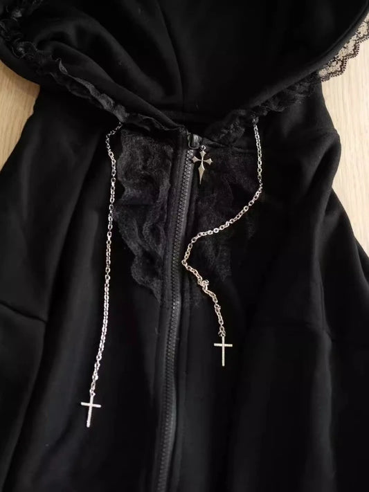 ゴシックサブカルチャーブラックレースルーズパーカーレディース秋美的愛らしい長袖フード付きコートカジュアル暖かい冬オーバーコート