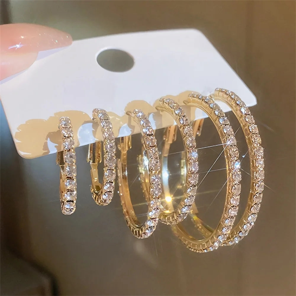 1-3 Pairs Set Sparkling Exaggerated Full Paved Rhinestones Round Circle Hoop Earrings for Women Simple Shiny Earring Jewelry