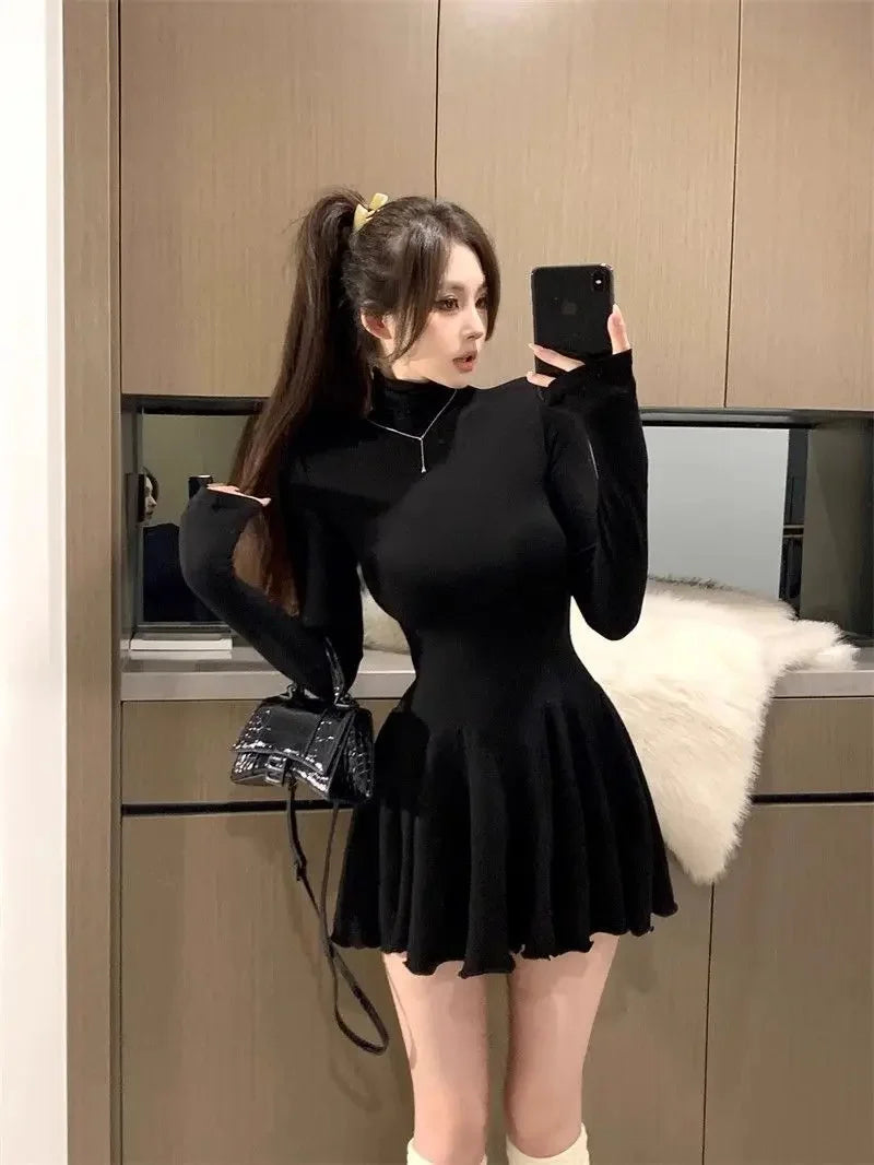 Slimming High Collar Long Sleeve Women's Dress Empire Waist Mini Skirt Base Layer Skirt Puffy Dress Fashionable Autumn New Arriv