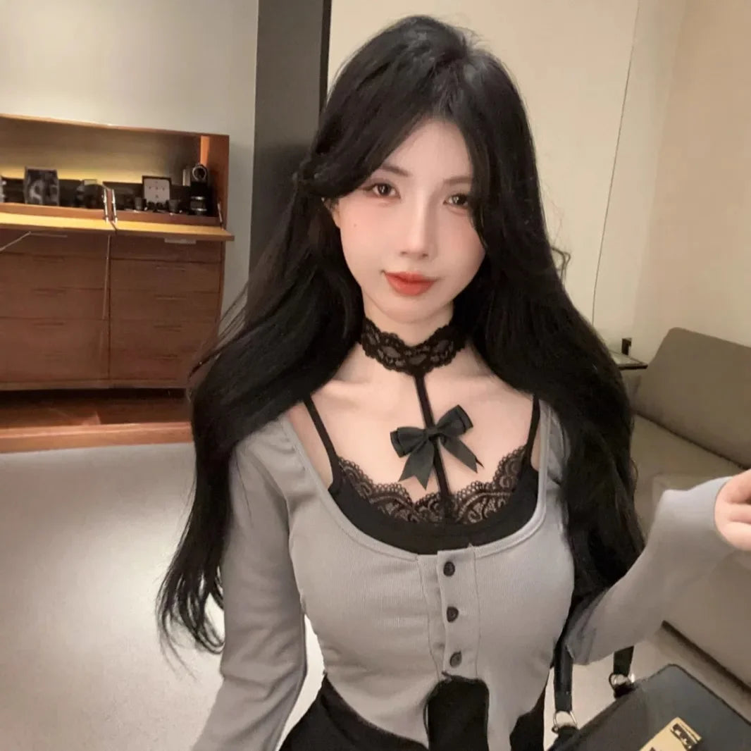 Sexy Cat Girl Spicy Short Skirt Long Sleeve Lace Hollow out Black Butterfly Knot Neckline Dress Mini Dress Chinese Brand