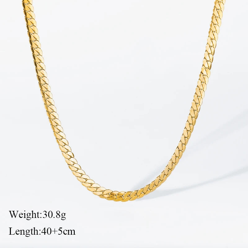 EILIECK 316L Stainless Steel Gold Color Flat Wide Chain Necklace Bracelet For Women Girl Fashion Non-fading Jewelry Set Gift