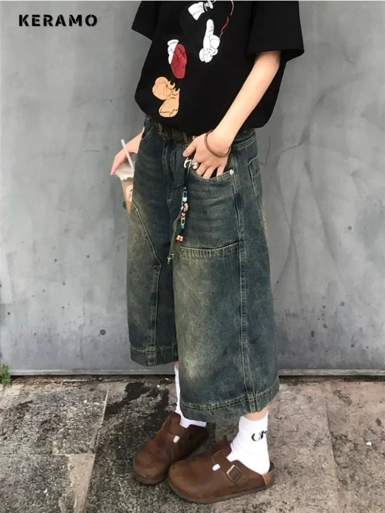 Y2K Harajuku High Street Calf-Length Pants High Waist Street Style Baggy Jean For Women Casual Loose Fit Blue Denim Shorts