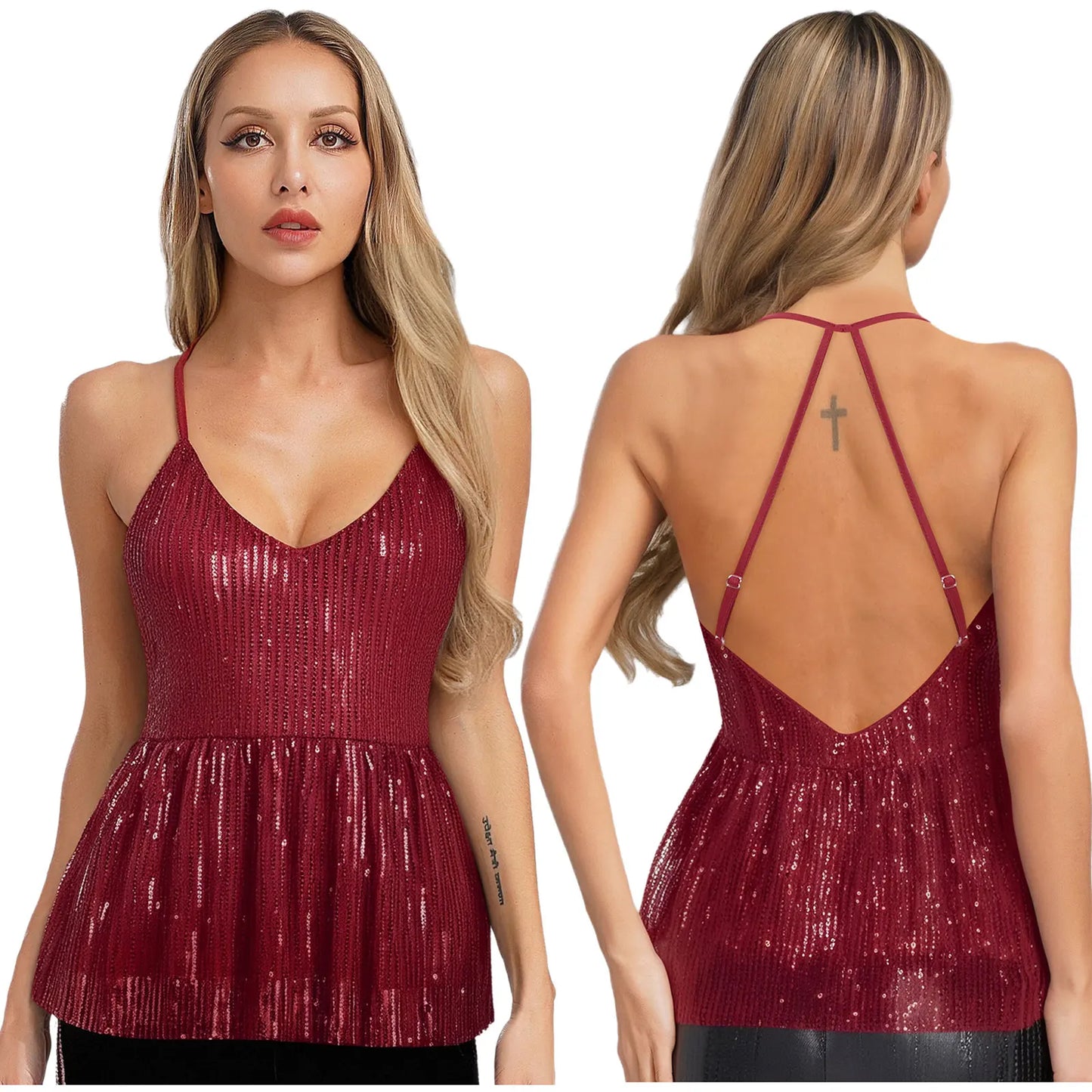 Women Sequin Tank Top Sparkling Slim Fit Blouse V Neck Cross Spaghetti Straps Open Back Ruffle Hem Vest Sparkle Slim Fit Cami