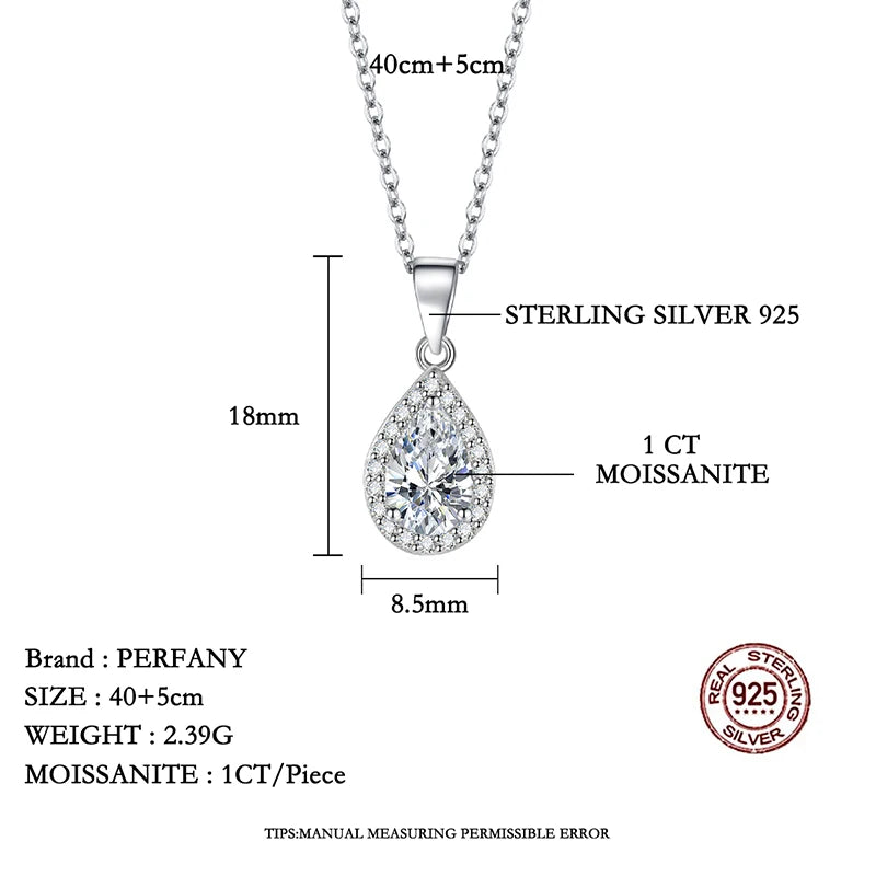 PERFANY 1CT Pear Cut Moissanite Necklace for Women S925 Pure Silver Sparkling Diamond Pendant Luxury Jewelry Party Gift