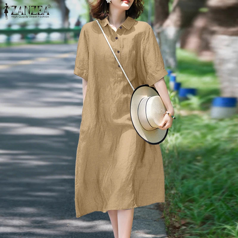ZANZEA Women Fashion Shirt Dress 2025 Summer Sundress Lapel Neck Short Sleeve OL Work Dresses Casual Buttons Midi Vestidos Robe