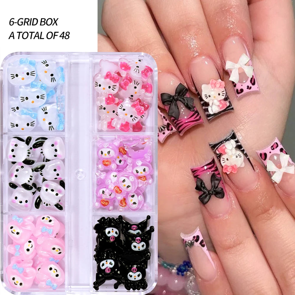 12Grids Summer Black Skin Hello Kitty Nail Charms 3D Pink Bows Hello Kitty Nail Art Rhinestone Cute Cartoon DIY Nail Accessories