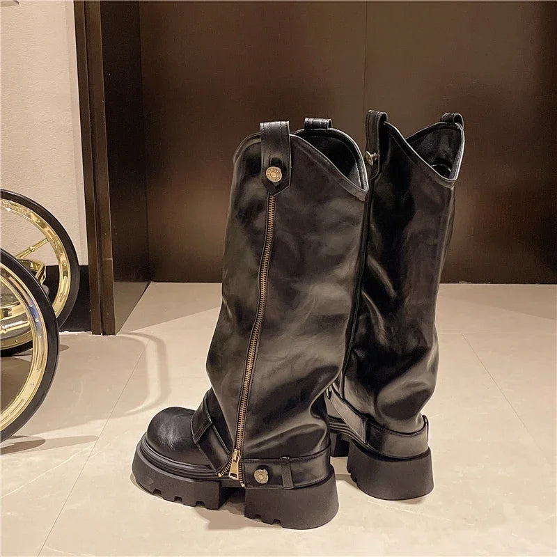 Women's Boots 2025 New Style Retro High Western Boots for Autumn and Winter Fashion Versatile Female Knight Boots