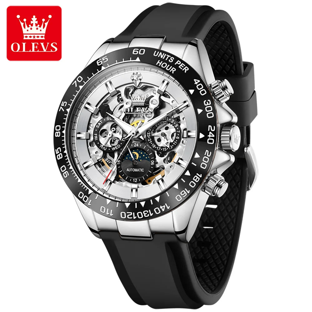 OLEVS 6713 Men Mechanical Watch Hollow Dial Tourbillon Fashionable Business Sport Waterproof Date Moon Silicone Strap