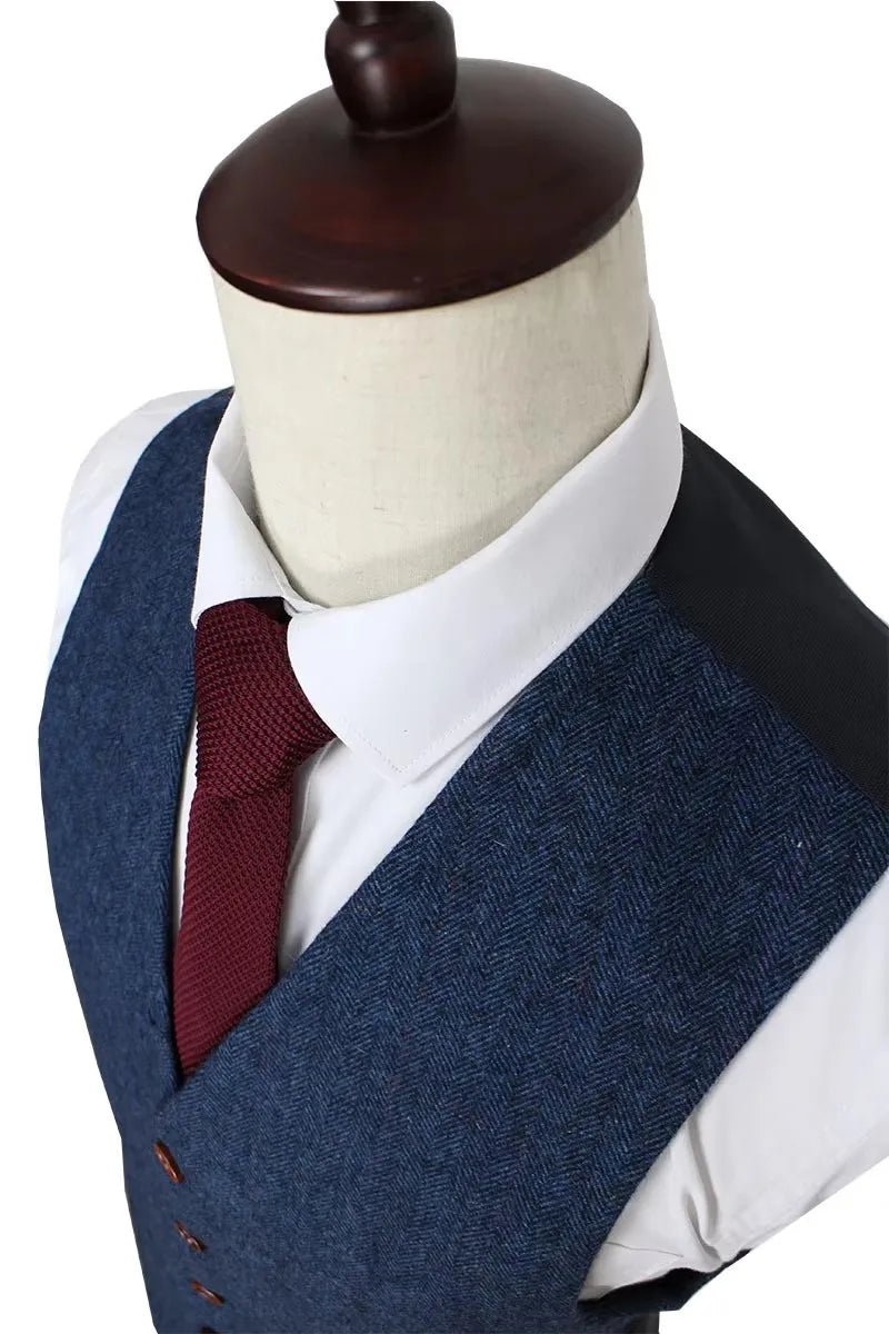Wool Blue Herringbone Retro Gentleman Style Custom Made Men's Suits Tailor Suit Blazer Suits For Men 3 piece (Jacket+Pants+Vest)