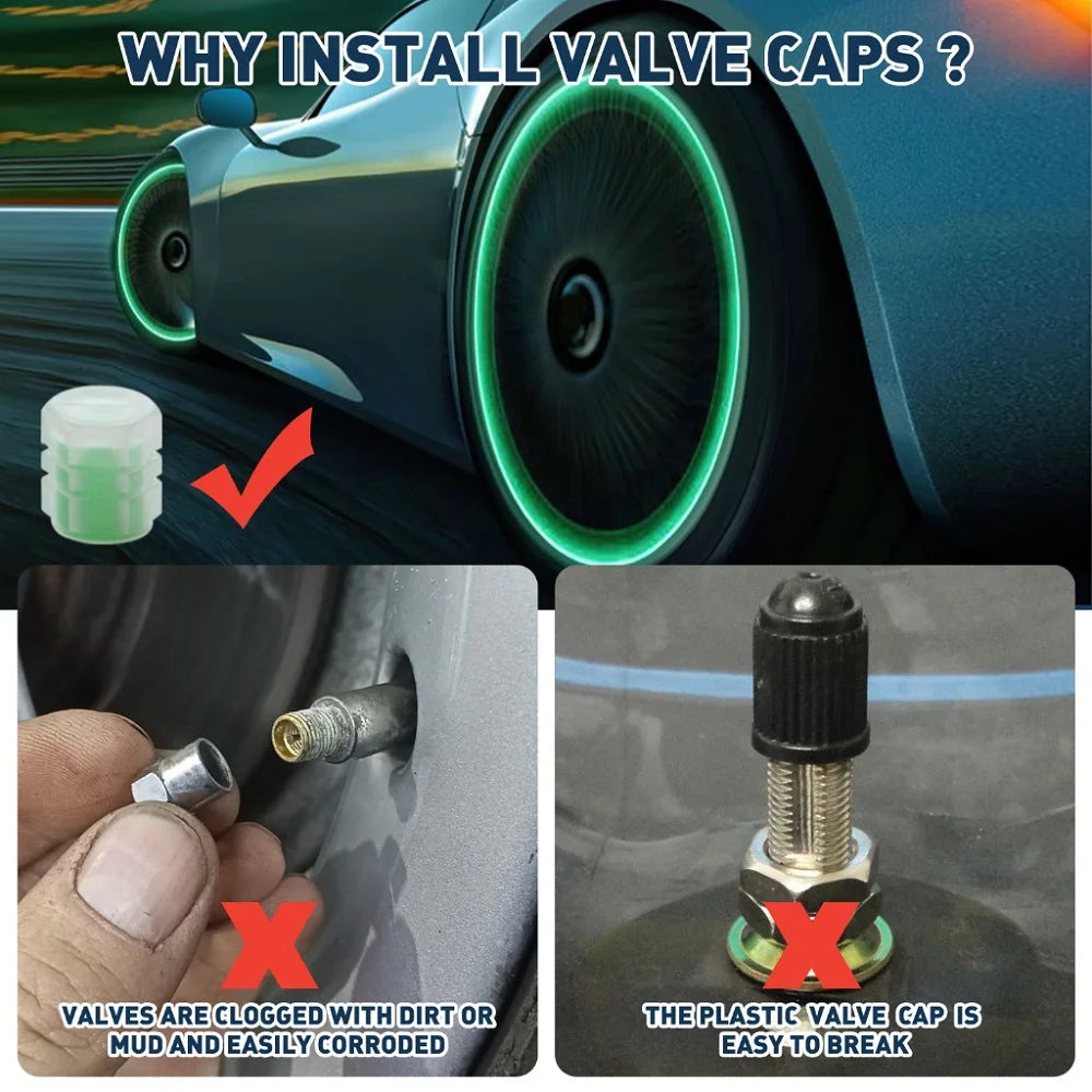 4PCS Luminous Car Tire Valve Cap Fluorescent Night Glowing Decor Waterproof Universal Valve Stem Caps Auto Exterior Accessoris