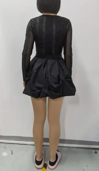Y2K Elegant Women's Mini Bubble Skirt 2024 Spring Long Sleeve High Neck Vintage Black Pleated Elastic High Waist Mini Dress