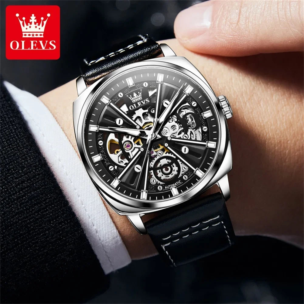 OLEVS Mens Watch Automatic Mechanical Watch Business Leather Strap Tourbillon Watch for Men Waterproof Luminous Wristwatch Clock