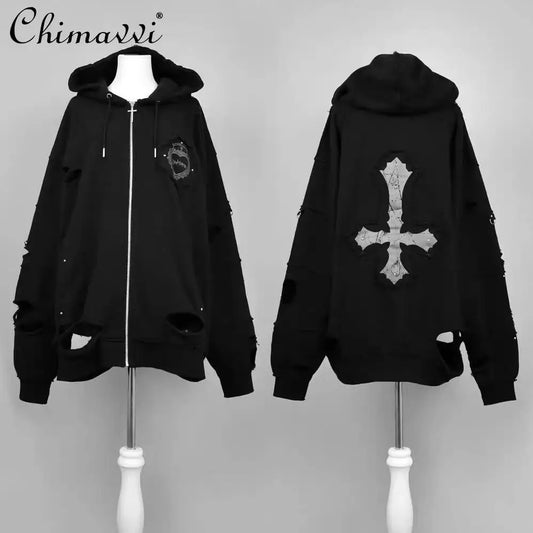 日本製 マインクロス リップド レトロ サブカルチャー フード付き スウェットシャツ カーディガン ジャケット レディース ゴス パンク ジッパー パーカー コート アウター