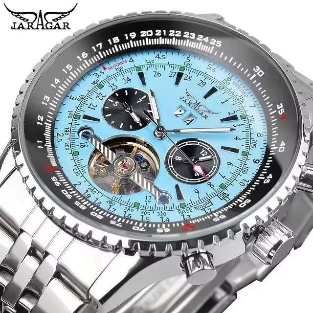 Jaragar 034 Top Brand Retro Blue Automatic Multifunctional Watch Stainless Steel Date Tourbillon Hollow Skeleton Watch Men Watch