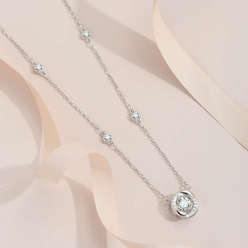 RAPRGOLD GRA Certified Moissanite Round Dancing Pendant Necklaces for Women 925 Sterling Silver Jewelry Chains for Wedding Gifts