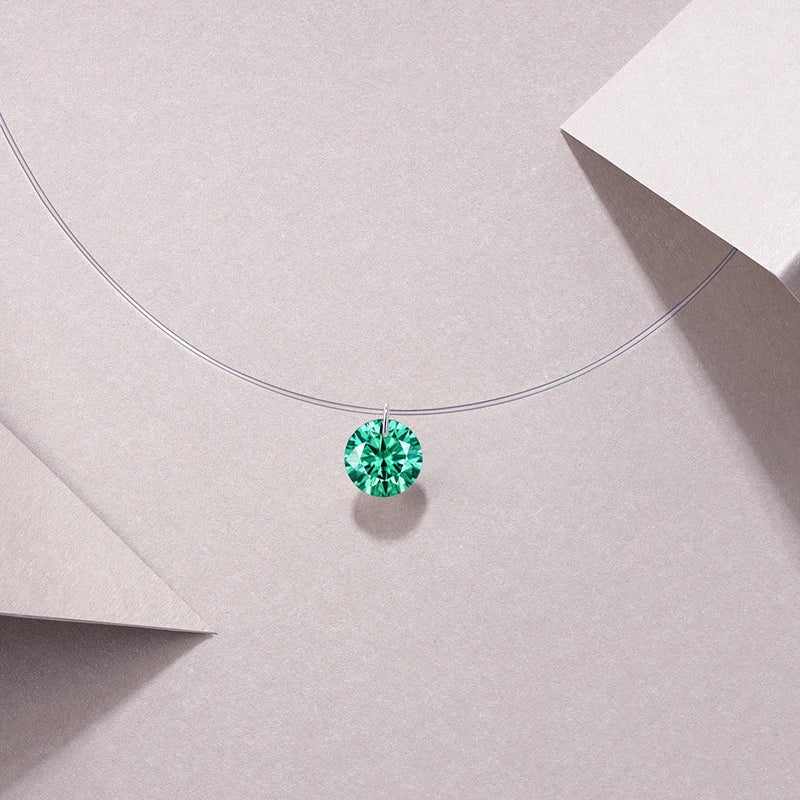 JIUZUAN 2ct Aqua Blue Moissanite Necklace S925 Silver Invisible Wire Pendant for Women Minimalist Elegant Daily Wear Necklace