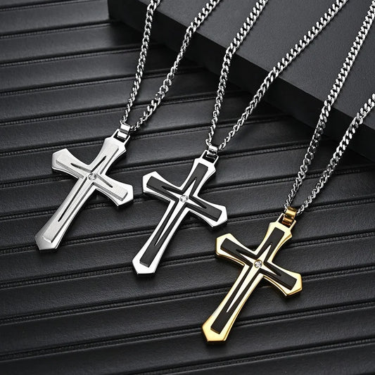 Fashion Men's Two Color Stainless Steel Cross Necklace Hip Hop Necklace for Men Stainless Steel Jewelry Halloween Party Gift