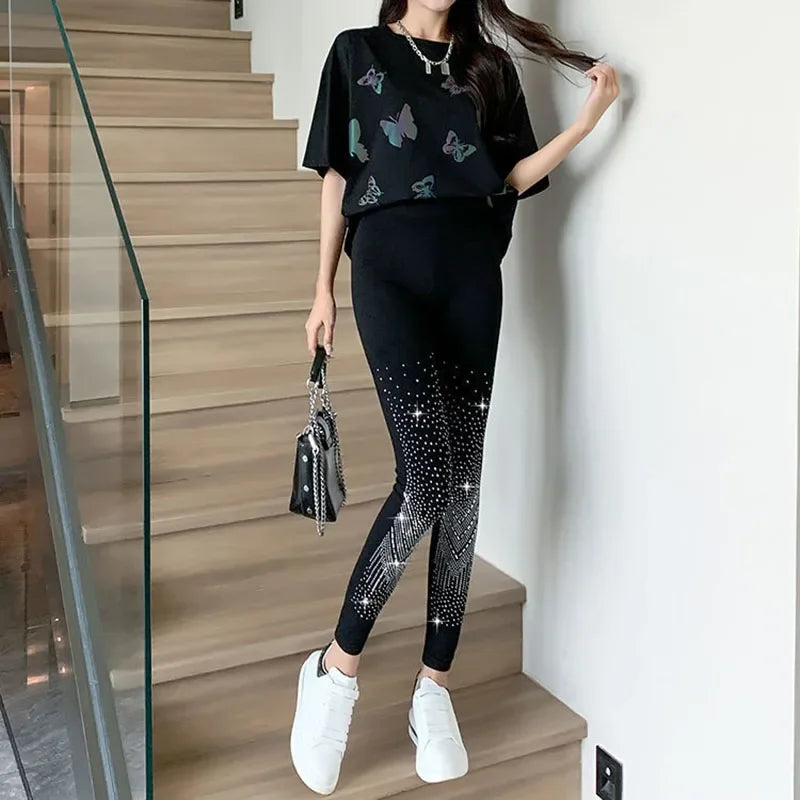Xpqbb Black Stretch Rhinestone Skinny Leggings Women Autumn Winter Thick Velvet Ankle-Length Pants Tide Elasticit Shinny Legging