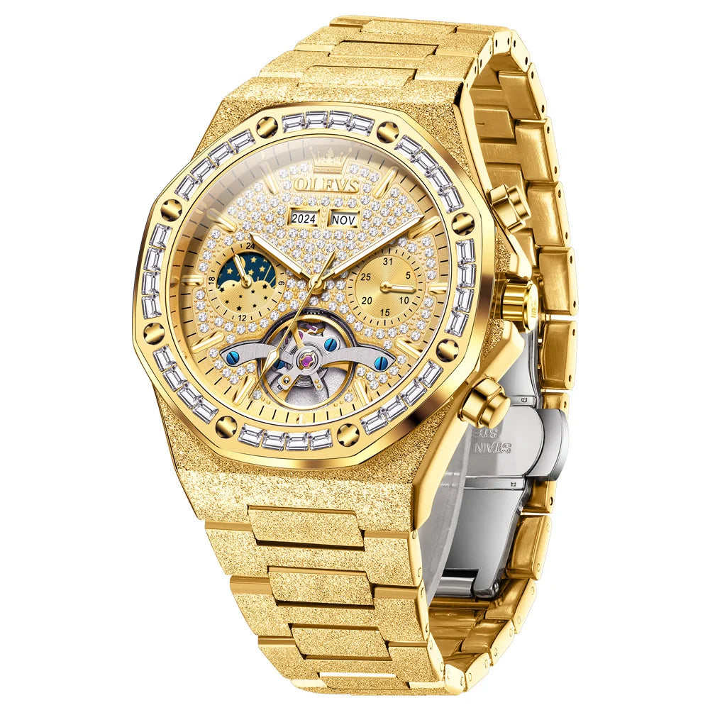 OLEVS Gold Steel Mens Watches Top Brand Automatic Mechanical Luxury Watch Sport Waterproof Tourbillon Wrist Watch Reloj Hombre