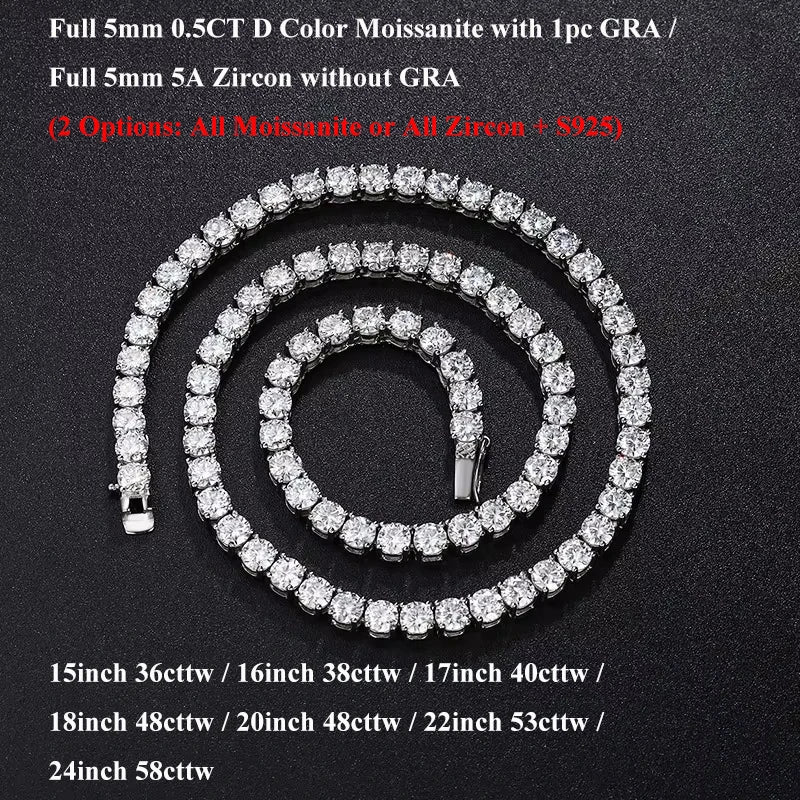 EWYA Real 2-5mm Full D Color Moissanite Tennis Neck Chain Necklace for Woman Man 925 Silver GRA Certified Party Bridal Necklaces