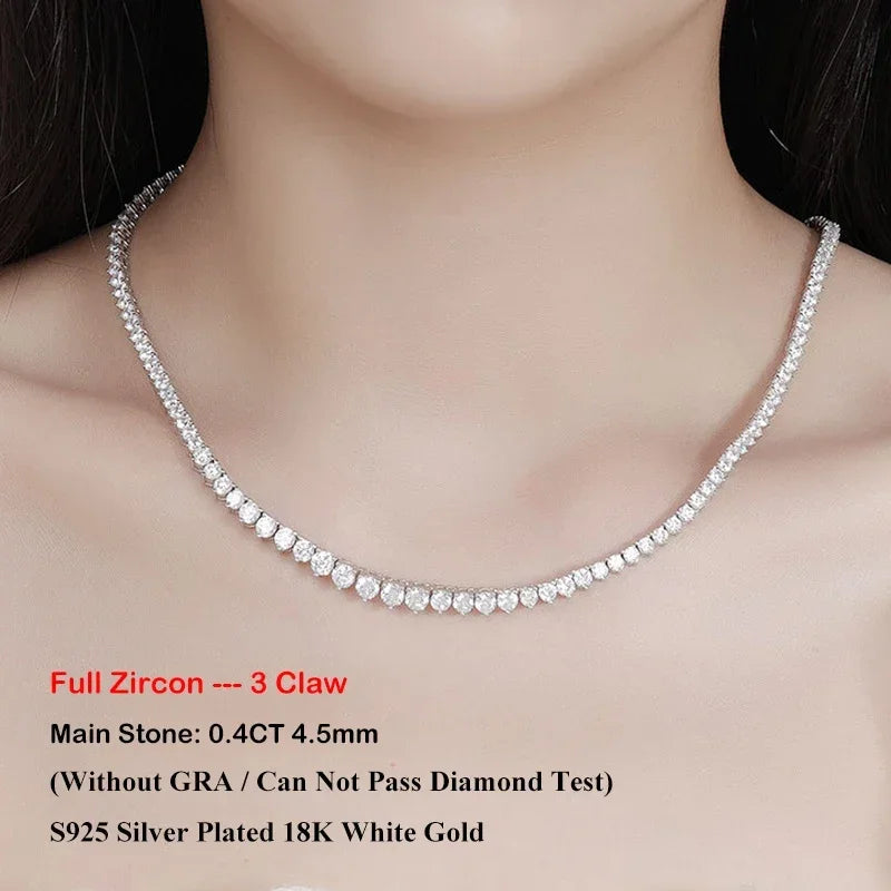 EWYA 3 Claw 0.4CT Gradient Full D Color VVS Moissanite Tennis Necklace for Women 925 Silver Plated 18k GRA Certified Neck Chain