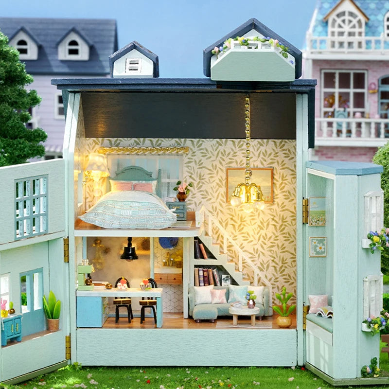 Diy Mini Wooden Dollhouse With Furniture Light Doll House Casa Assembly Model Pink Princess Villa Architecture Kit Toys Birthday