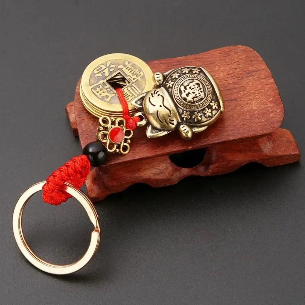 1Pc Vintage Pure Handmade Lucky Cat Car Keychain Lucky Cat Five Emperors Money Keychain Feng Shui Coins Solid Lucky Key Ring