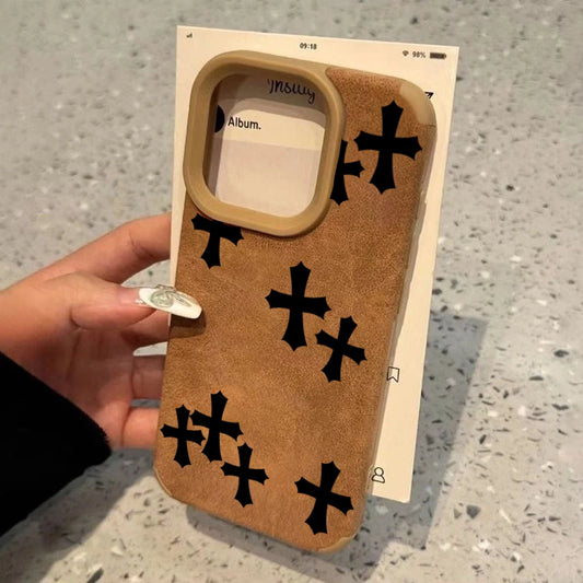 ブラッククロスノーブルイミテーションフェイクレザー携帯ケース iPhone 17 16 15 14 13 12 11 Pro Max XS XR 16 Plus 17Air 耐衝撃カバー