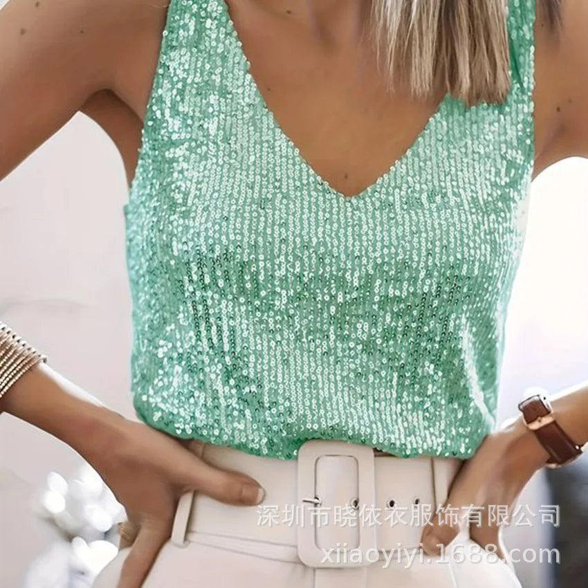 Women Vest Top Sequin Sexy Tops Vests Sleeveless V Neck Backless Camis Elegant Splice Casual Streetwear 2025 Fashion Tanks