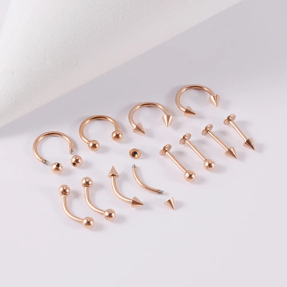 12pcs/Set Surgical Steel Silver Color Gold Plated Black Rainbow Ear Nose Eyebrow Labret Basic Piercing Jewelry Set 8mm