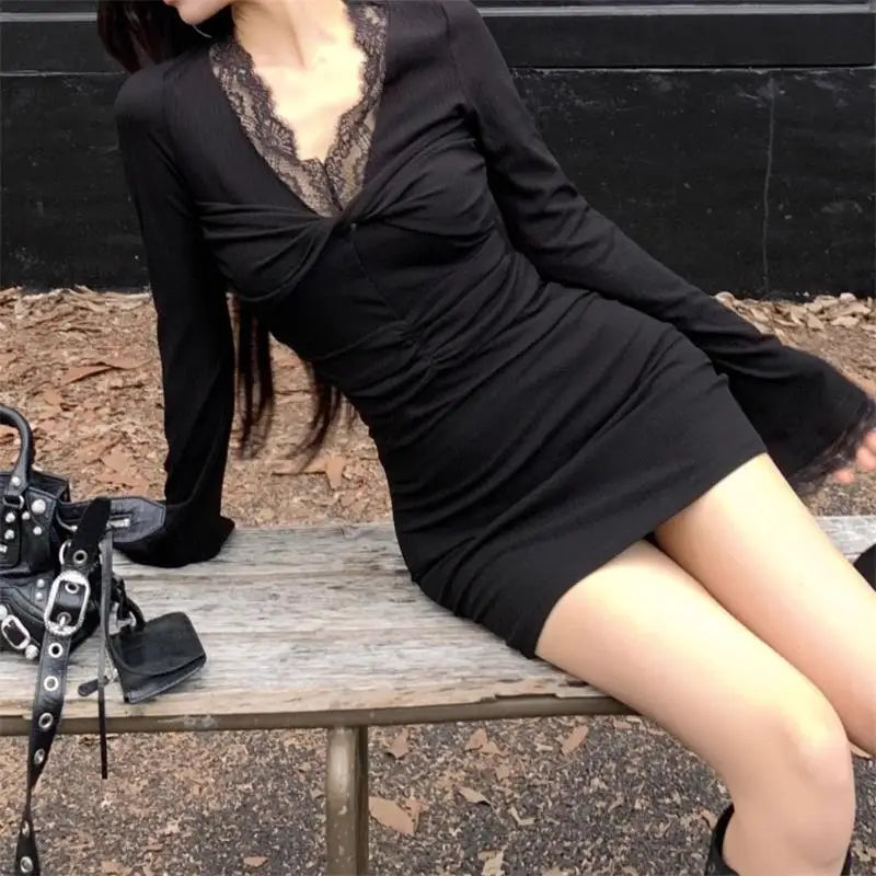 Long Sleeve Black Mini Dress Vintage Sexy Womens Lace Patchwork Y2K Aesthetic Dress High Waist Party Club Women Dress Autumn New