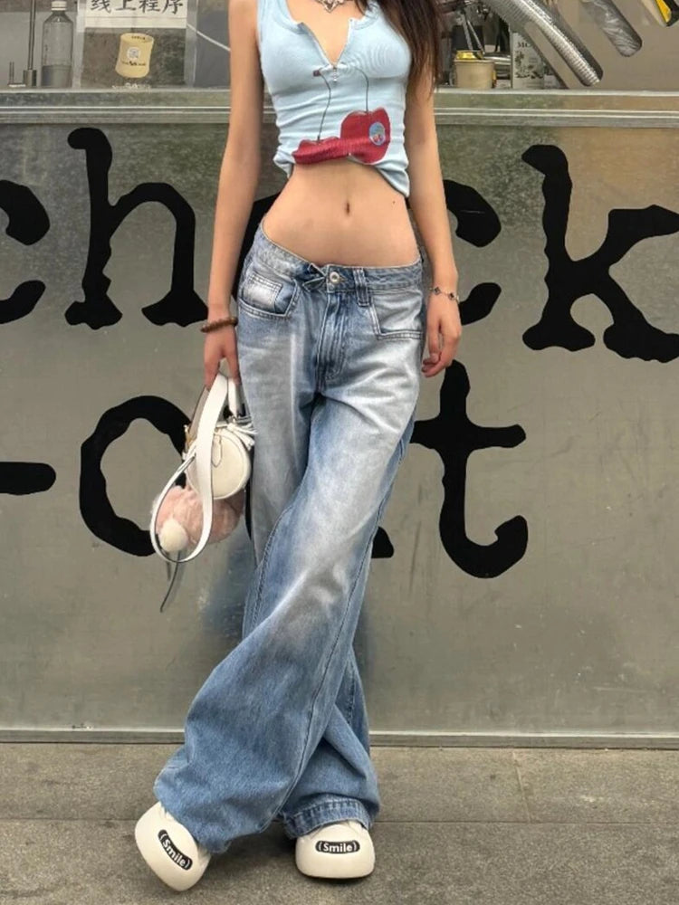 Women American Vintage Y2k Japanese Harajuku Streetwear Baggy Low Rise Denim Pants Long Trousers 2000s Aesthetic Jean Kpop Punk
