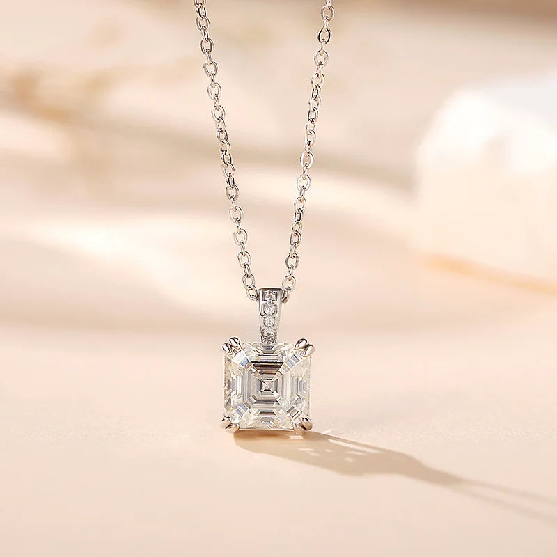 4 Claws 100% 925 Sterling Silver Real 3ct Asscher Moissanite Pendant Necklace for Women Sparkling Party Fine Jewelry Gifts