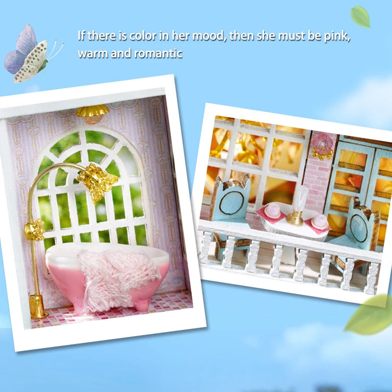 Diy Mini Wooden Dollhouse With Furniture Light Doll House Casa Assembly Model Pink Princess Villa Architecture Kit Toys Birthday