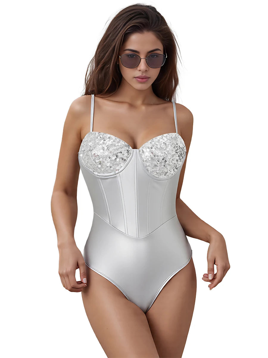 Womens Sparkly Silver Thong Bodysuit Satin Sequin jumpsuit Adjustable Strap Going Out Night Club Party female sexy outfit