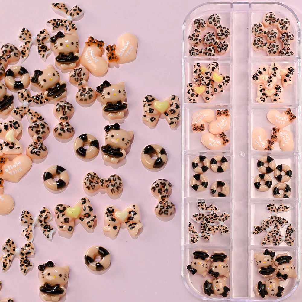 12Grids Summer Black Skin Hello Kitty Nail Charms 3D Pink Bows Hello Kitty Nail Art Rhinestone Cute Cartoon DIY Nail Accessories