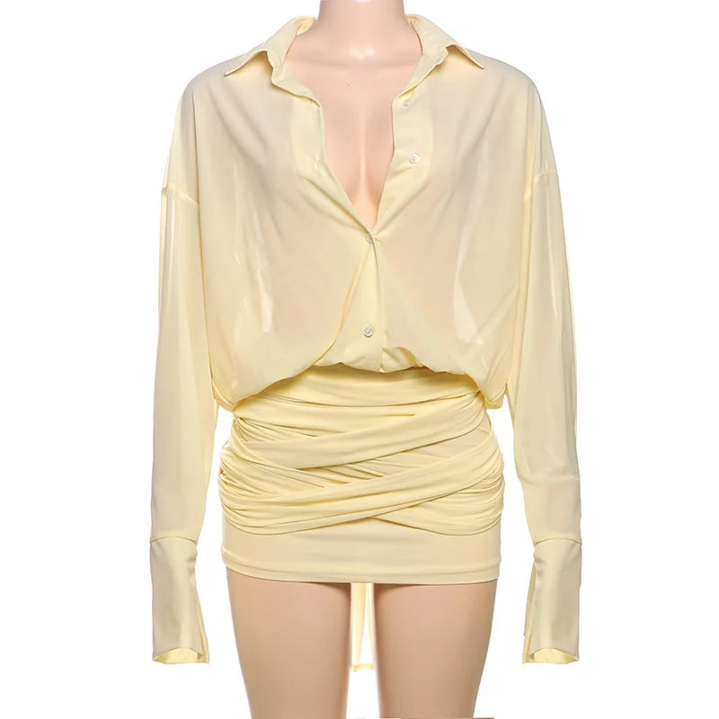 Yellow Button Up Office Shirt Dresses for Women 2025 Summer Fashion Lapel Long Sleeve Sexy Y2K Bandage Bodycon Mini Dress Ladies