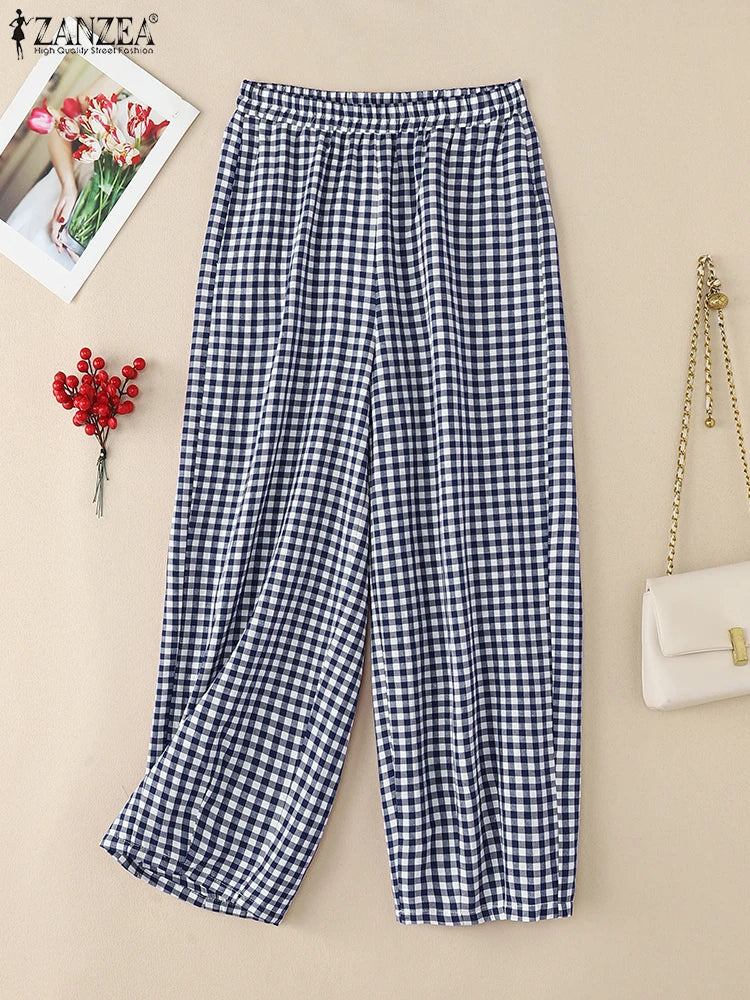 ZANZEA 2025 Plaid Pants Women Fashion Lantern Pants Casual Loose Long Trouser Summer Pockets Elastic Waist Bottoms Oversized