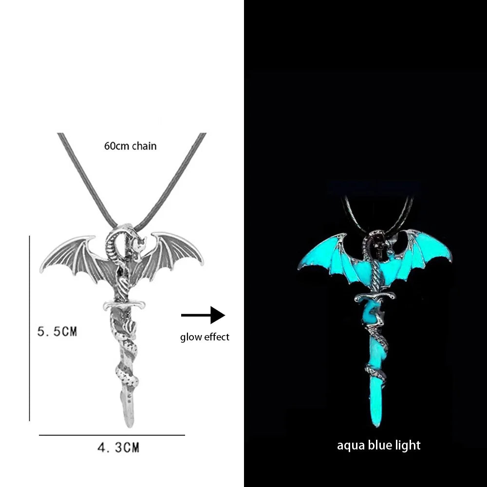 Hiphop Rock Stainless Steel Chain Luminous Alloy Dragon Pendant Glowing Necklace Night Dance Disc Glow In The Dark Necklace