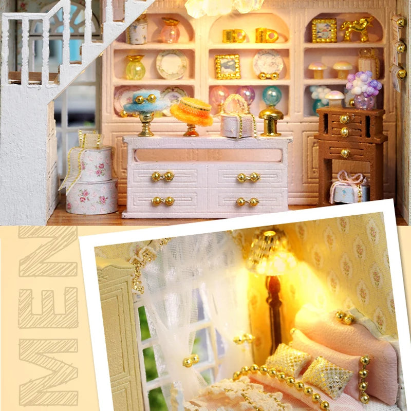 Diy Mini Wooden Dollhouse With Furniture Light Doll House Casa Assembly Model Pink Princess Villa Architecture Kit Toys Birthday